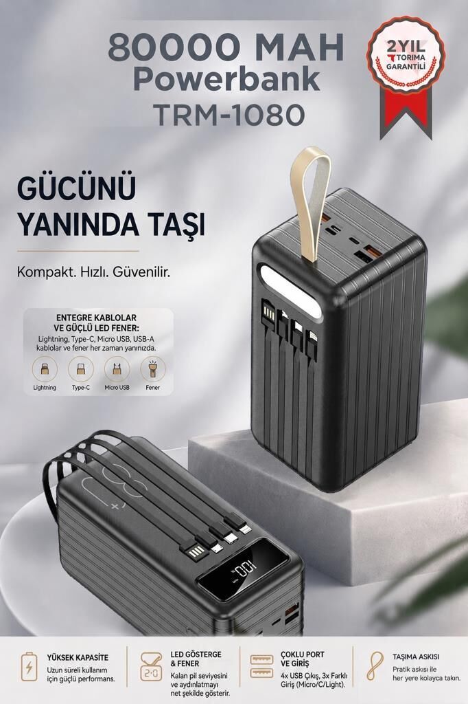 Powerbank Dijital Göstergeli 4 Çıkışlı 80.000 Mah Taşınabilir Hızlı Şarj Aleti TRM1080 Siyah