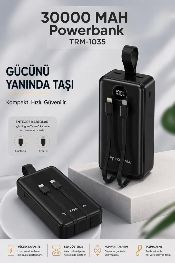 Powerbank Dijital Göstergeli 2 Çıkışlı 30.000 Mah Taşınabilir Hızlı Şarj Aleti TRM1035 Siyah