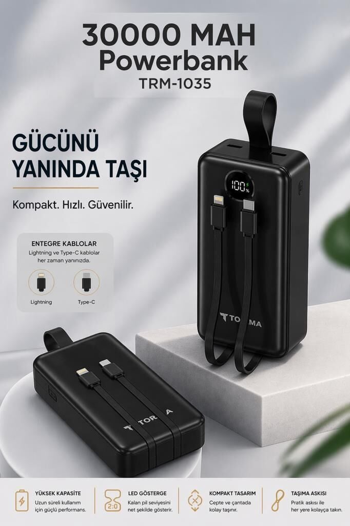 Powerbank Dijital Göstergeli 2 Çıkışlı 30.000 Mah Taşınabilir Hızlı Şarj Aleti TRM1035 Siyah