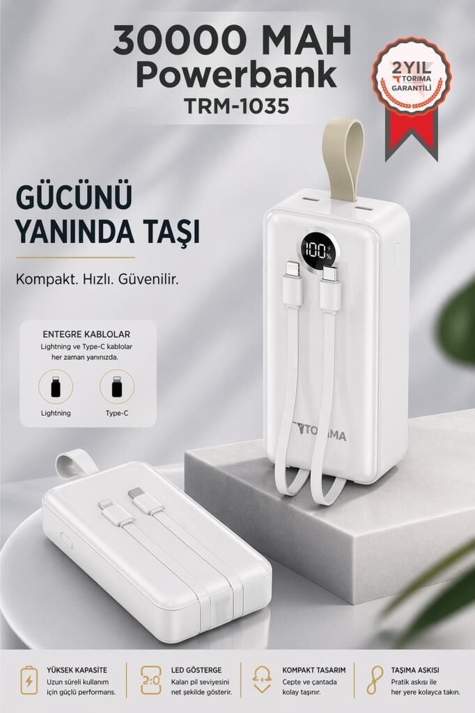 Powerbank Dijital Göstergeli 2 Çıkışlı 30.000 Mah Taşınabilir Hızlı Şarj Aleti TRM1035 Beyaz