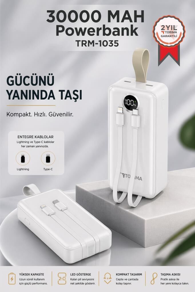 Powerbank Dijital Göstergeli 2 Çıkışlı 30.000 Mah Taşınabilir Hızlı Şarj Aleti TRM1035 Beyaz