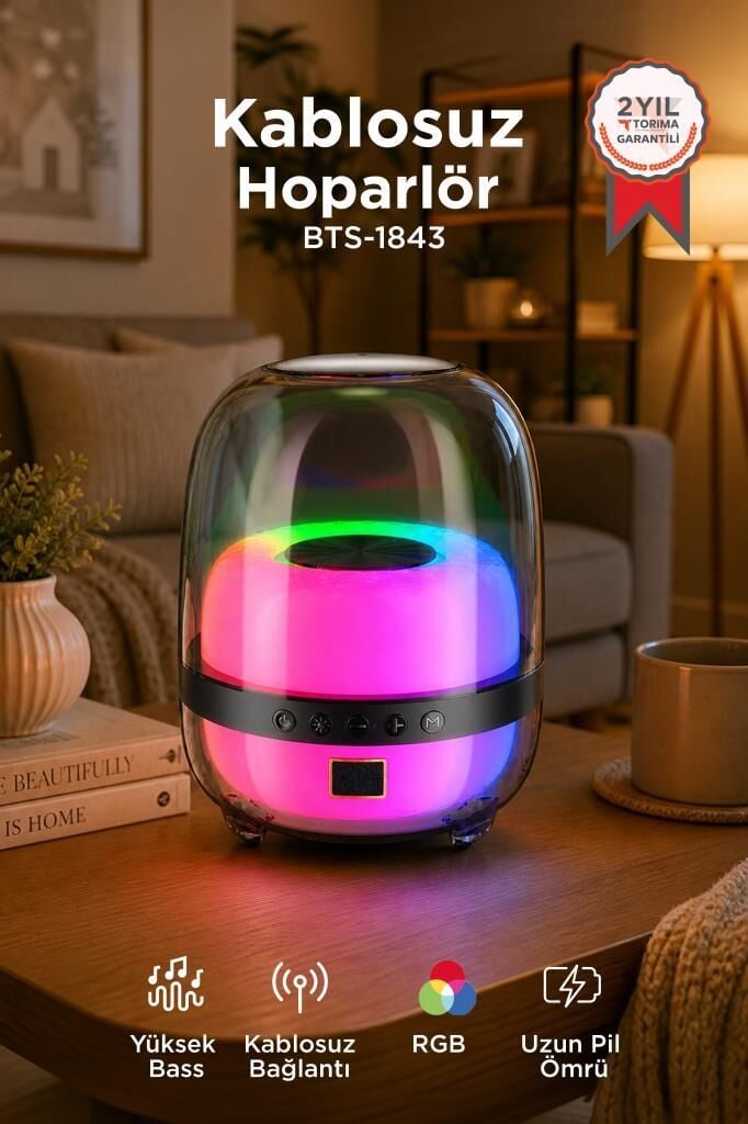 Bluetooth Hoparlör Kablosuz Taşınabilir Rgb Işıklı TWS Speaker BTS-1843 Siyah