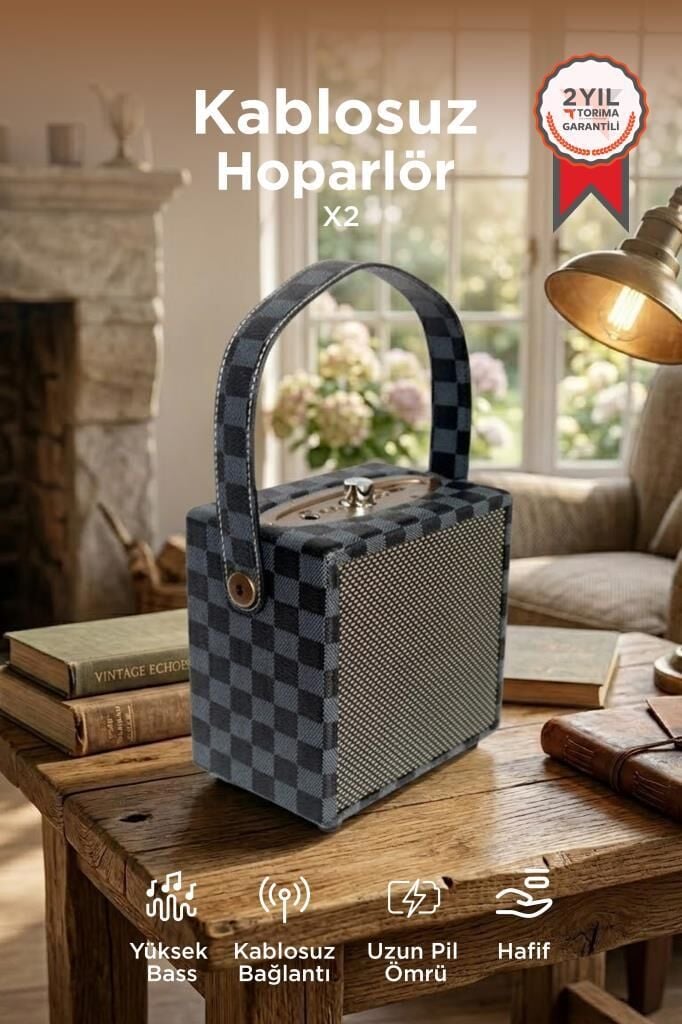 Bluetooth Hoparlör Taşınabilir Speaker Wooden Case X2 Mavi