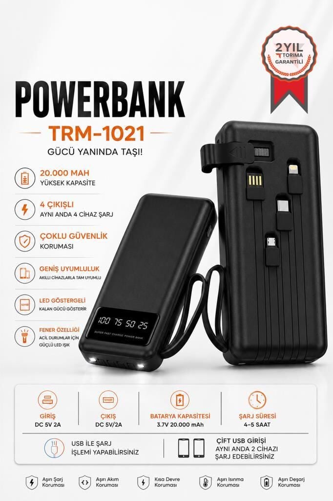Taşınabilir Batarya 20000 Mah Ledli 4 Çıkışlı Powerbank TRM-1021 Siyah