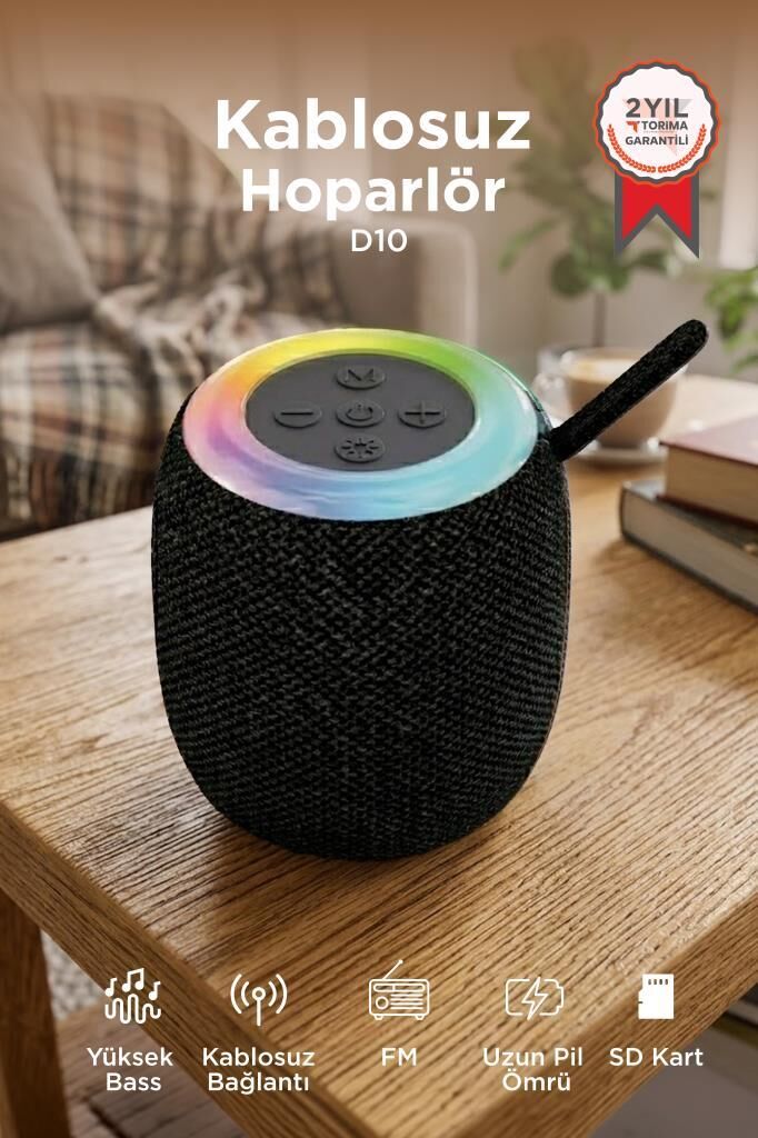 Bluetooth Hoparlör Rgb Işıklı USB FM Destekli Radyo D10 Siyah