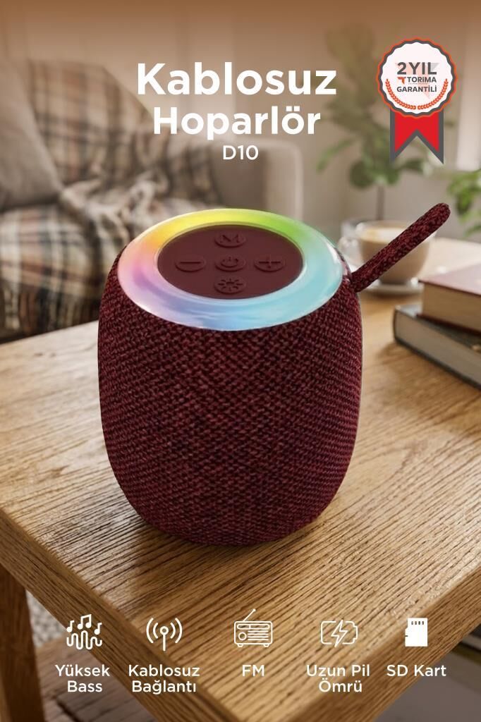 Bluetooth Hoparlör Rgb Işıklı USB FM Destekli Radyo D10 Kırmızı