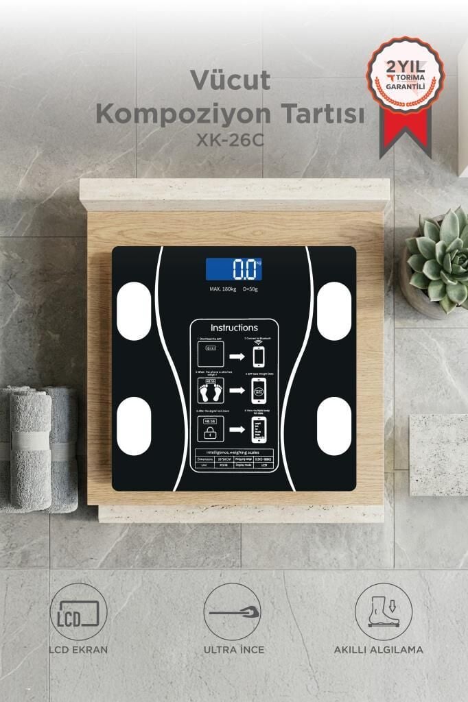 Bluetooth Akıllı Tartı Dijital Baskül Yağ Kas Vücut Kitle İndeksi XK-26C Siyah