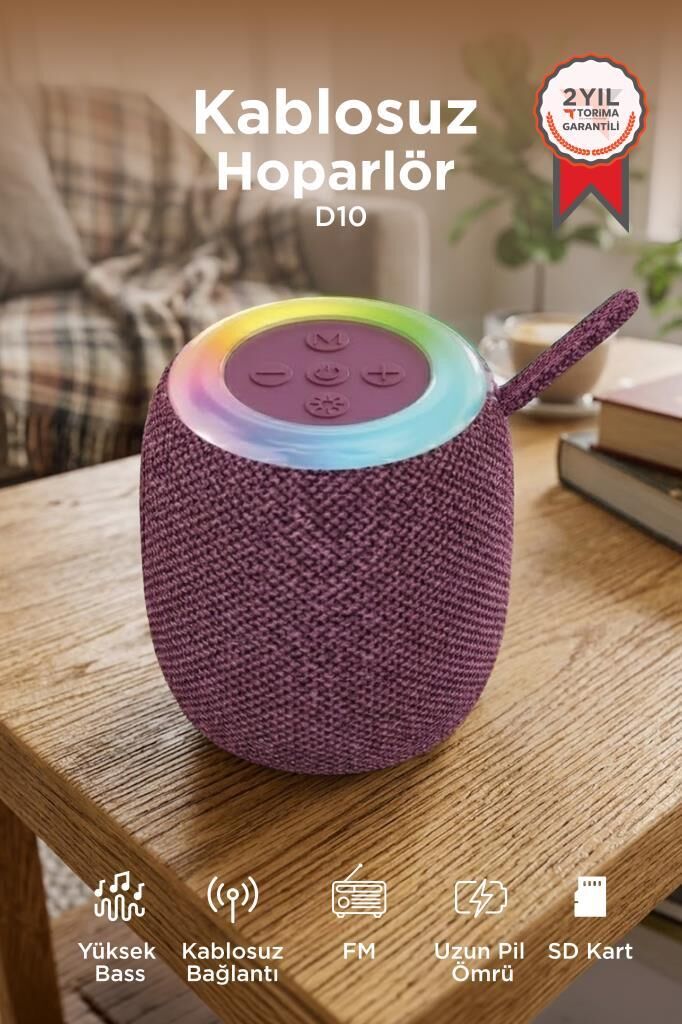 Bluetooth Hoparlör Rgb Işıklı USB FM Destekli Radyo D10 Pembe