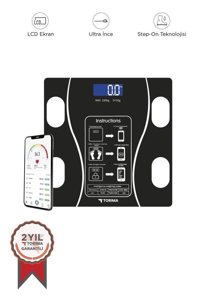 Bluetooth Akıllı Tartı Dijital Baskül Yağ Kas Vücut Kitle İndeksi XK-26C Siyah