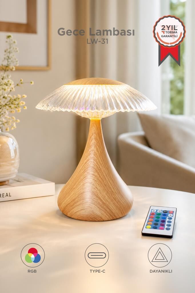 Abajur Kristal Elmas Masa Lambası Led Işıklı Akrilik Gece Lambası LW31 Ahşap Grain