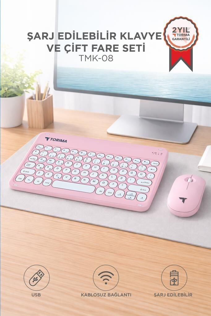 Bluetooth Kablosuz Klavye Mouse Seti TMK08 Pembe