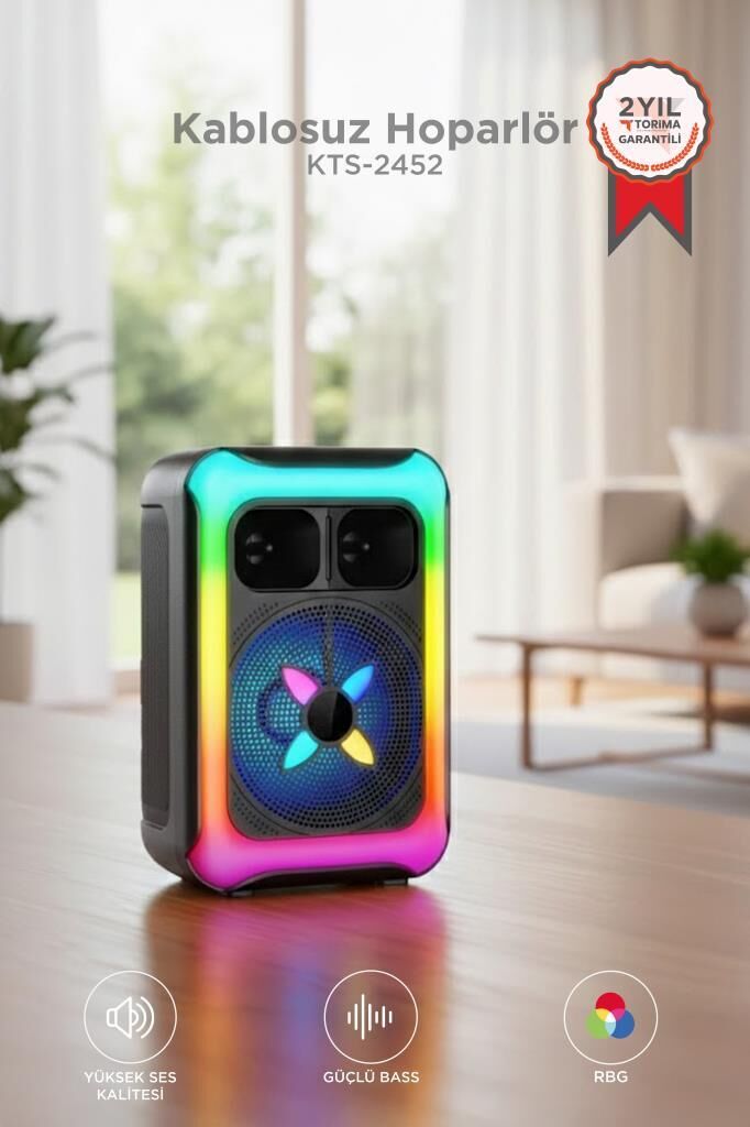 Bluetooth Hoparlör Rgb Işıklı USB TF FM 12W Kablosuz Taşınabilir Speaker KTS-2452 Siyah