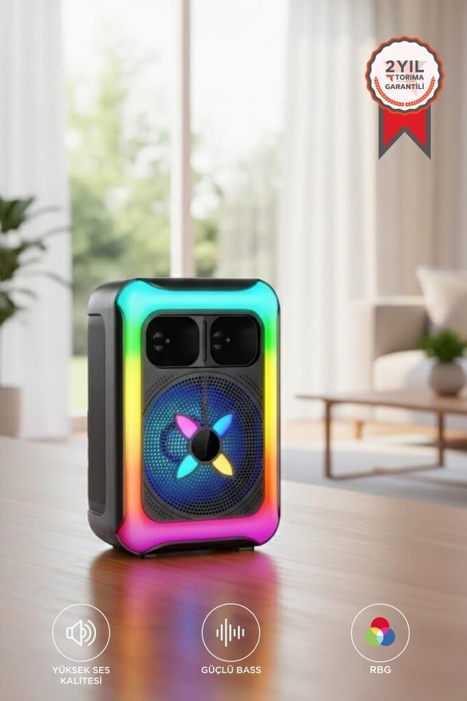 Mikrofonlu RGB Işıklı Bluetooth Hoparlör USB TF FM 12W Taşınabilir KTS-2452 Siyah