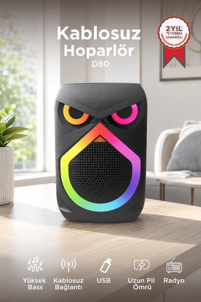 Bluetooth Hoparlör Rgb Işıklı Mikrofonlu 12W Kablosuz Taşınabilir Hoparlör D80 Siyah