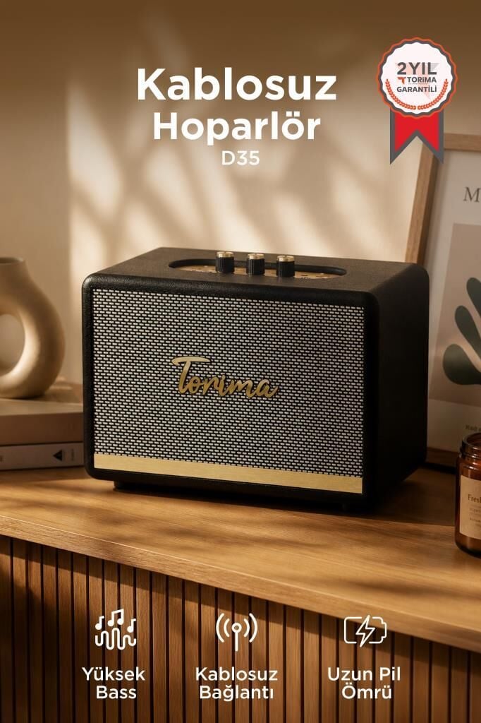 Bluetooth Hoparlör Nostaljik Kablosuz Speaker D35 Siyah