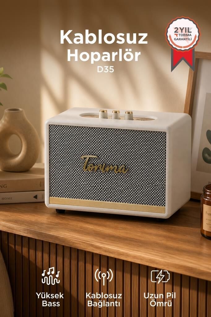 Bluetooth Hoparlör Nostaljik Kablosuz Speaker D35 Beyaz