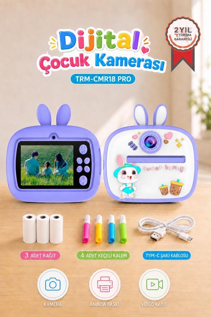 Dijital Fotoğraf Makinesi Çocuk Termal Resim Kağıt Baskılı Yazıcı Kamera Video Makinesi CMR18 Mor