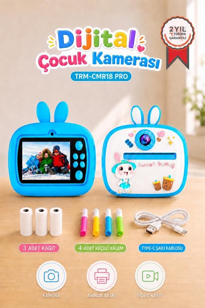Dijital Fotoğraf Makinesi Çocuk Termal Resim Kağıt Baskılı Yazıcı Kamera Video Makinesi CMR18 Mavi