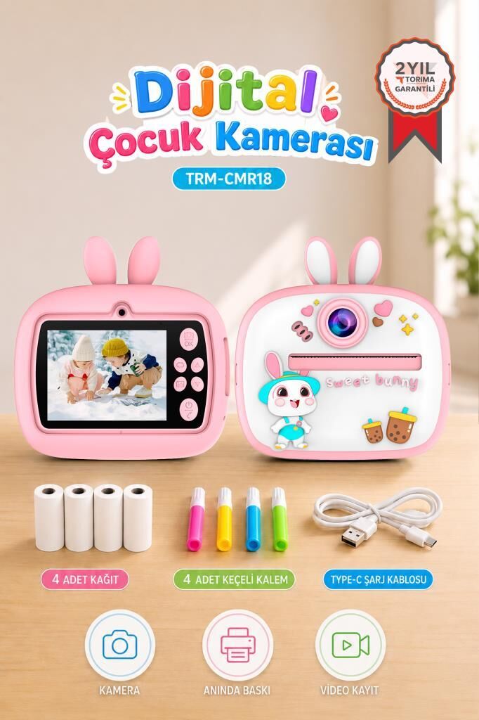 Dijital Fotoğraf Makinesi Çocuk Termal Resim Kağıt Baskılı Yazıcı Kamera Video Makinesi CMR18 Pembe