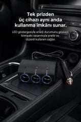 Araç Şarj Cihazı Üçlü Led Soketli 120W Çakmaklık Girişli Şarj Aleti G24 Siyah
