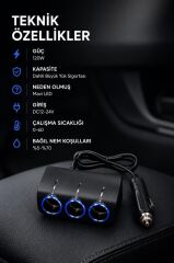 Araç Şarj Cihazı Üçlü Led Soketli 120W Çakmaklık Girişli Şarj Aleti G24 Siyah