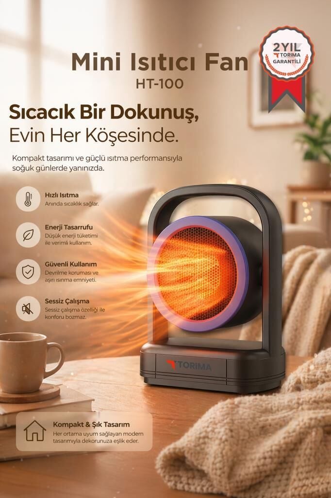 Mini Isıtıcı Fan Taşınabilir Sessiz Hızlı Isıtma 500W Kompakt Isıtıcı Torima HT100 Siyah