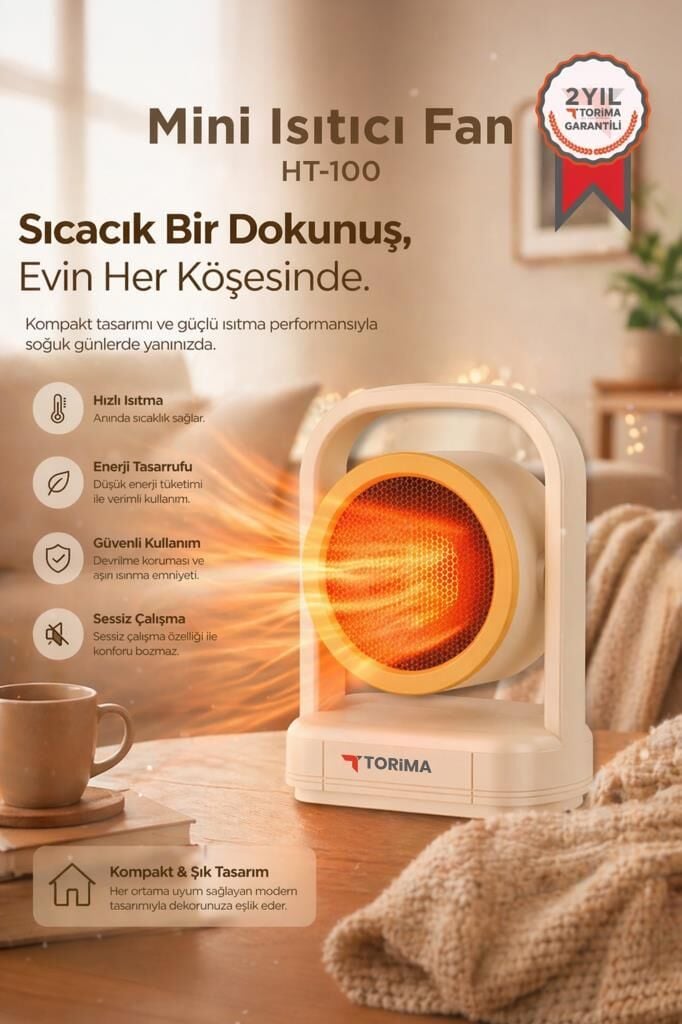 Mini Isıtıcı Fan Taşınabilir Sessiz Hızlı Isıtma 500W Kompakt Isıtıcı Torima HT100 Bej