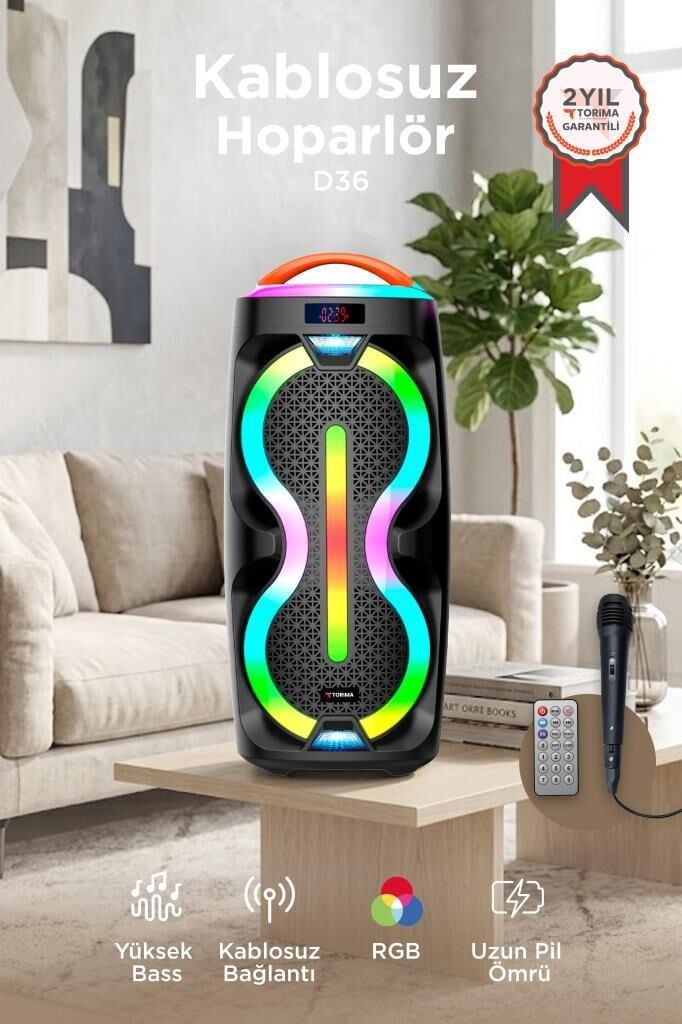 Bluetooth Hoparlör Mikrofonlu Kumandalı Rgb Işıklı Tws Speaker D36 Siyah