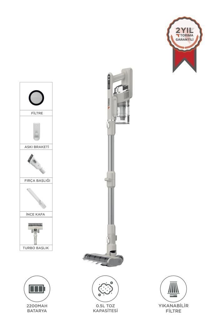 Kablosuz Katlanabilir Hafif  UV Işıklı Dikey Şarjlı Süpürge 300W 21KPa Torima CSVC-100 Beyaz