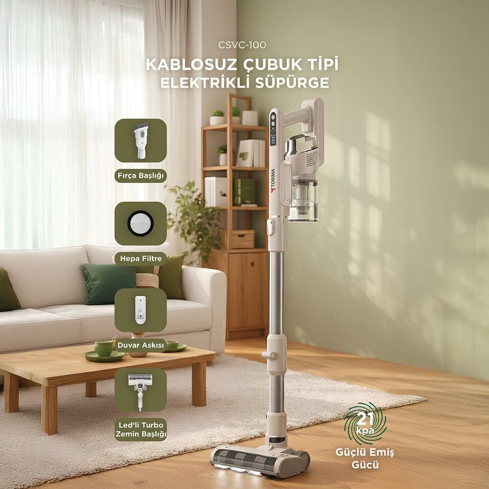 Kablosuz Katlanabilir Hafif UV Işıklı Dikey Şarjlı Süpürge 300W 21KPa Torima CSVC-100 Beyaz