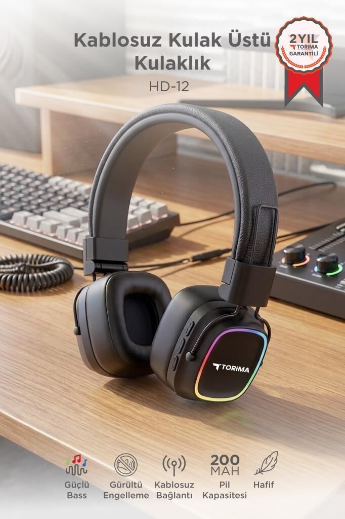 Bluetooth Kulaklık Rgb Işıklı Güçlü Bas Kulak Üstü Kablosuz Kulaklık HD12 Siyah