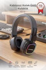 Bluetooth Kulaklık Rgb Işıklı Güçlü Bas Kulak Üstü Kablosuz Kulaklık HD12 Siyah