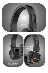 Bluetooth Kulaklık Rgb Işıklı Güçlü Bas Kulak Üstü Kablosuz Kulaklık HD12 Siyah