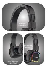 Bluetooth Kulaklık Rgb Işıklı Güçlü Bas Kulak Üstü Kablosuz Kulaklık HD12 Siyah