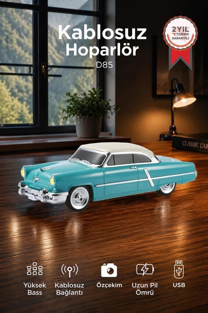 Bluetooth Hoparlör Retro Klasik Araba Tasarımlı 10W FM USB Selfie Speaker D85 Yeşil