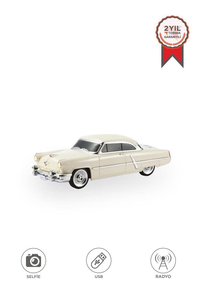 Bluetooth Hoparlör Retro Klasik Araba Tasarımlı 10W FM USB Selfie Speaker D85 Bej