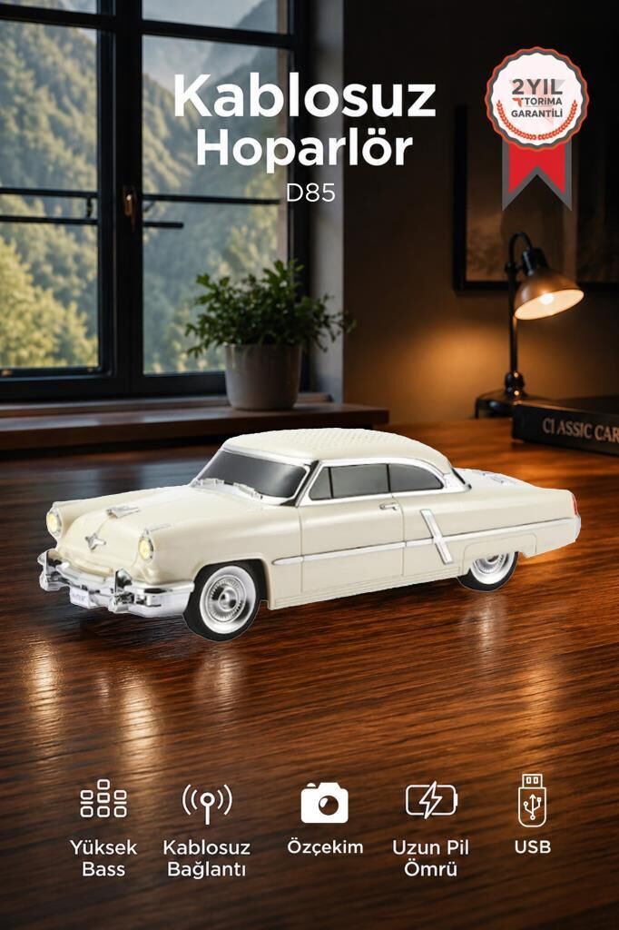 Bluetooth Hoparlör Retro Klasik Araba Tasarımlı 10W FM USB Speaker D85 Bej