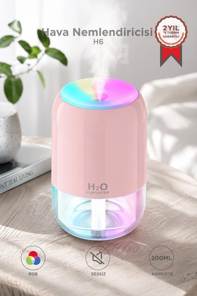 Hava Nemlendirici Buhar Makinesi Ve Aroma Difüzörü 200ml Ultrasonik Renkli H6 Pembe