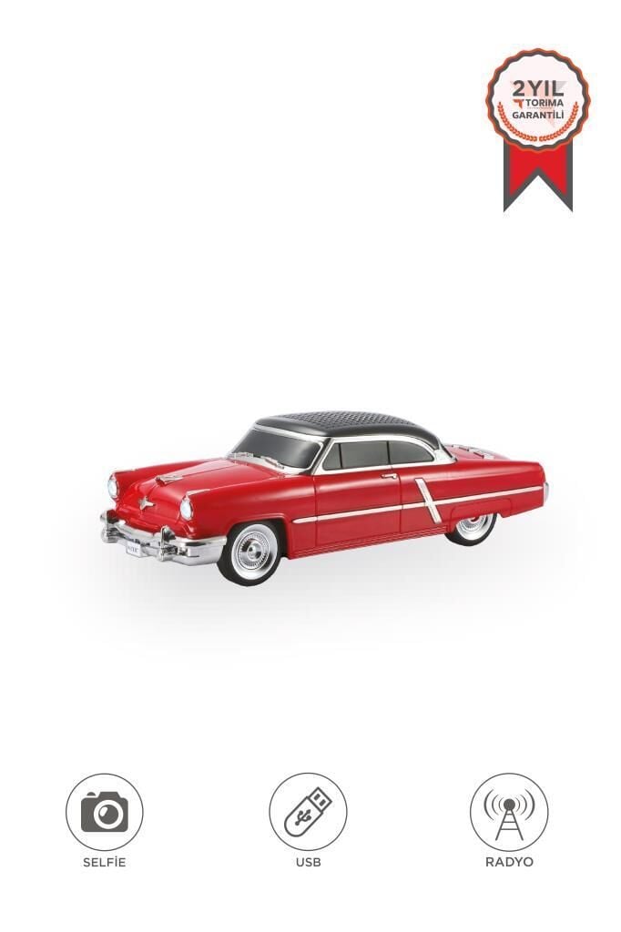 Bluetooth Hoparlör Retro Klasik Araba Tasarımlı 10W FM USB Selfie Speaker D85 Kırmızı