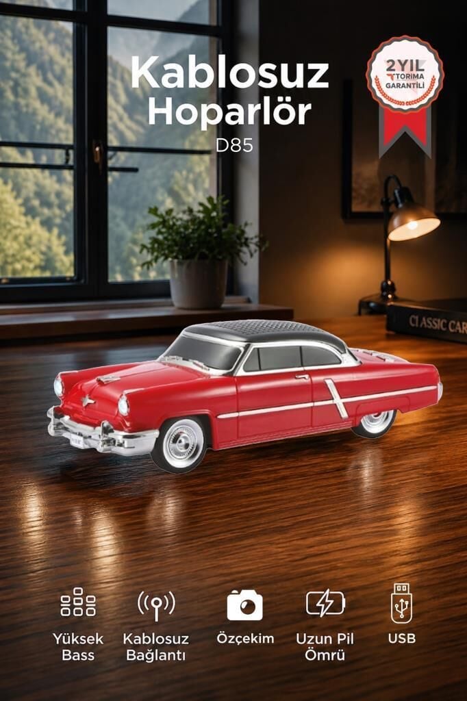 Bluetooth Hoparlör Retro Klasik Araba Tasarımlı 10W FM USB Selfie Speaker D85 Kırmızı
