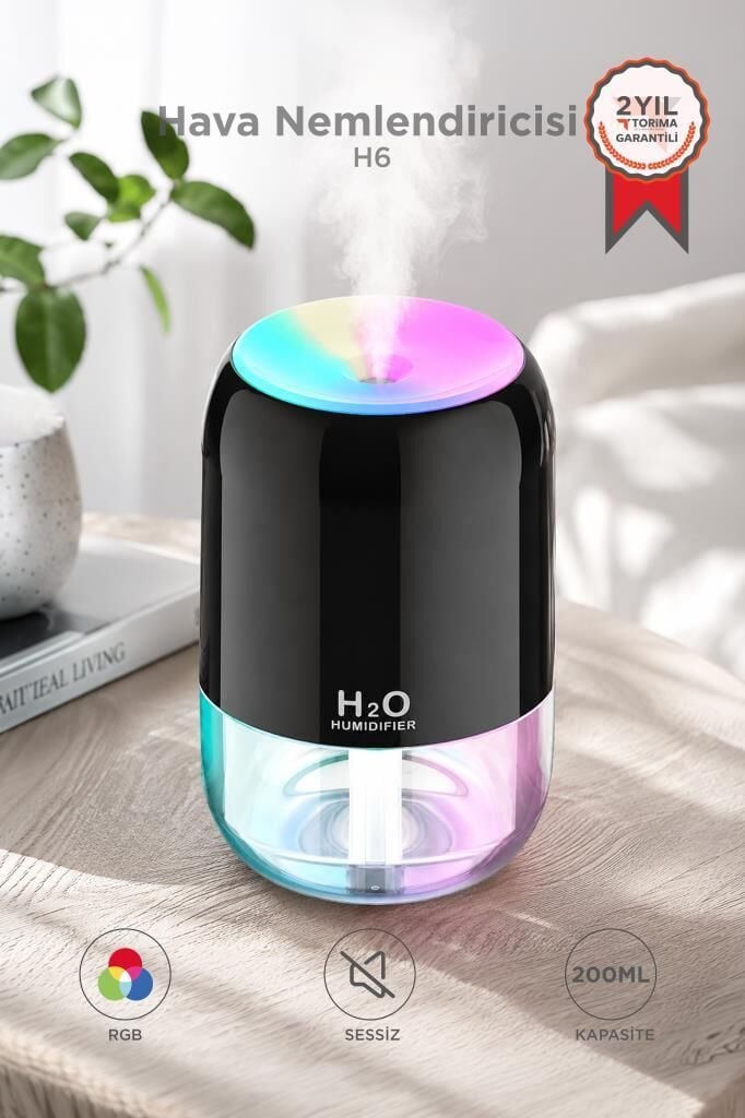 Hava Nemlendirici Buhar Makinesi Ve Aroma Difüzörü 200ml Ultrasonik Renkli H6 Siyah