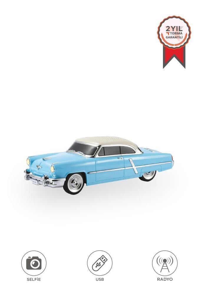 Bluetooth Hoparlör Retro Klasik Araba Tasarımlı 10W FM USB Selfie Speaker D85 Mavi