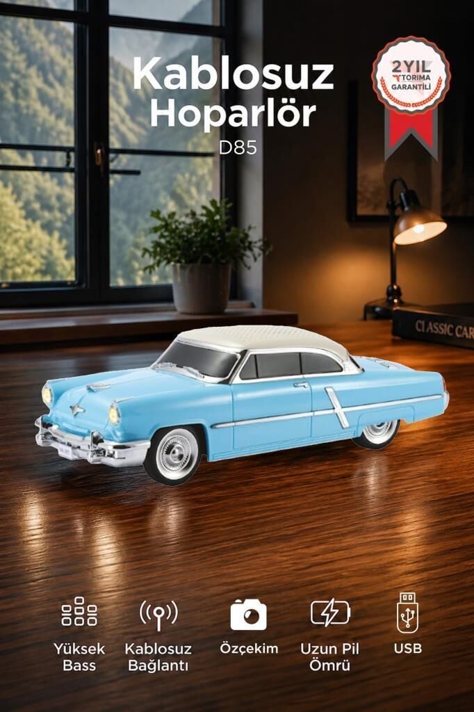 Bluetooth Hoparlör Retro Klasik Araba Tasarımlı 10W FM USB Selfie Speaker D85 Mavi