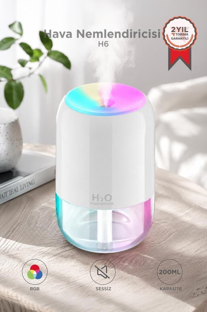 Hava Nemlendirici Buhar Makinesi Ve Aroma Difüzörü 200ml Ultrasonik Renkli H6 Beyaz