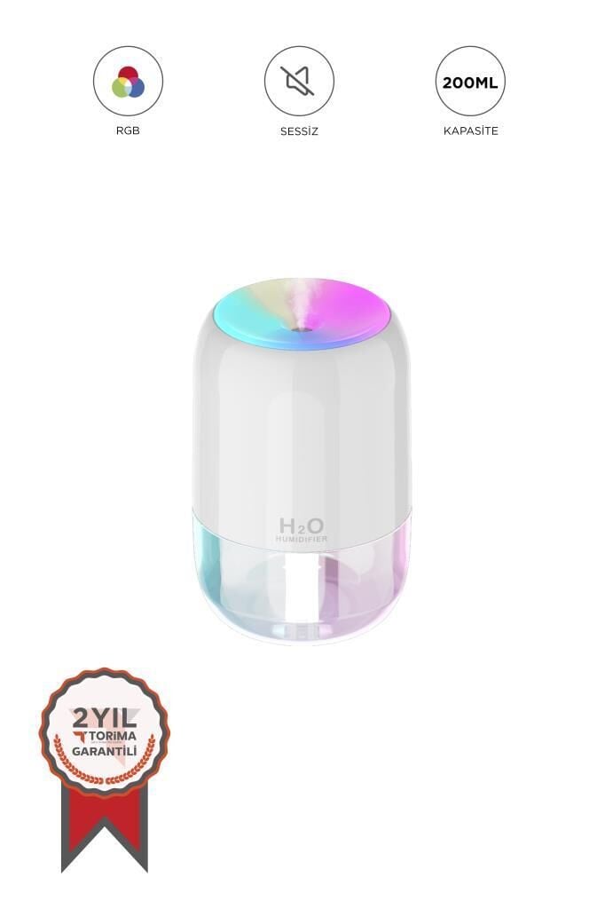 Hava Nemlendirici Buhar Makinesi Ve Aroma Difüzörü 200ml Ultrasonik Renkli H6 Beyaz