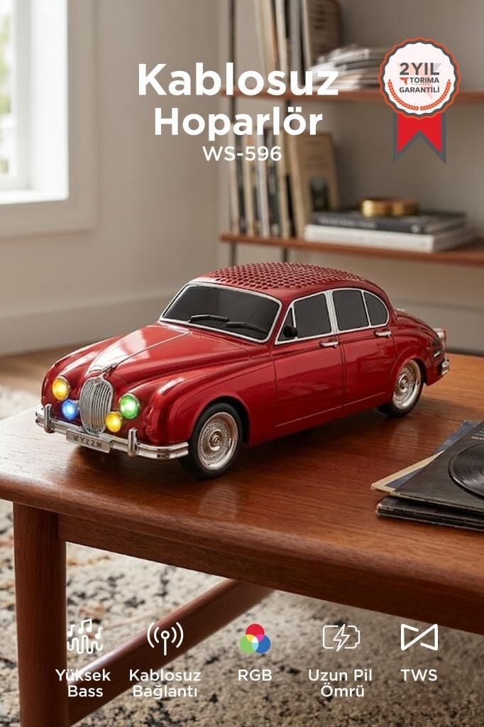 Bluetooth Hoparlör Retro Araba Tasarımlı Speaker WS-596 Kırmızı