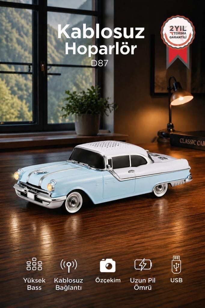 Bluetooth Hoparlör Retro Klasik Araba Tasarımlı 10W FM USB Speaker D87 Mavi