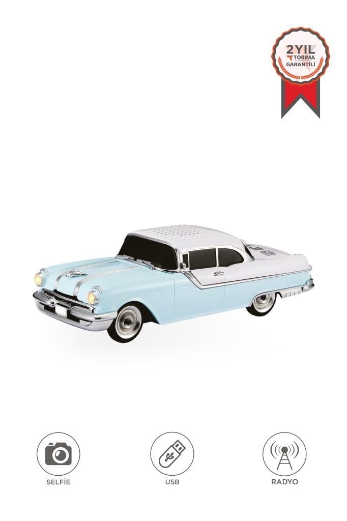 Bluetooth Hoparlör Retro Klasik Araba Tasarımlı 10W FM USB Selfie Speaker D87 Mavi