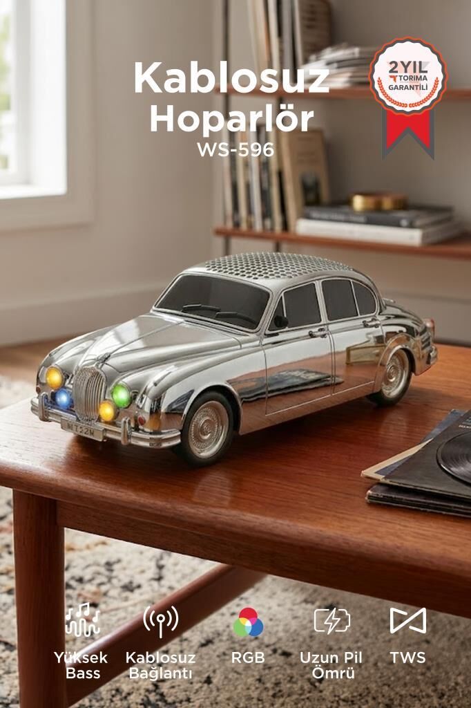 Bluetooth Hoparlör Retro Araba Tasarımlı Speaker WS-596 Gümüş