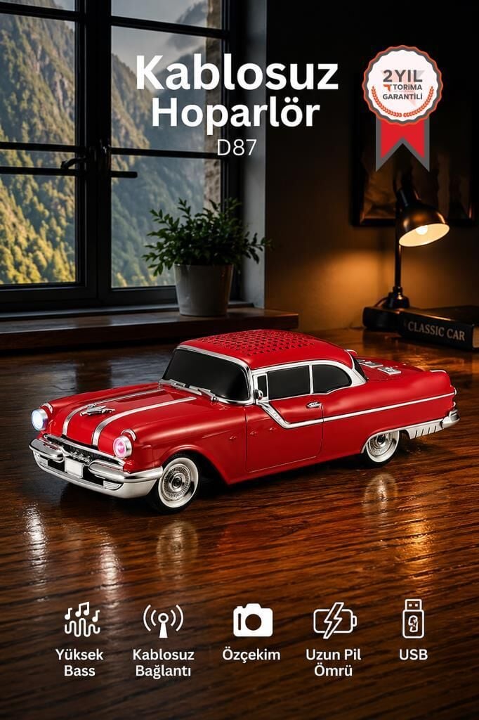 Bluetooth Hoparlör Retro Klasik Araba Tasarımlı 10W FM USB Speaker D87 Kırmızı